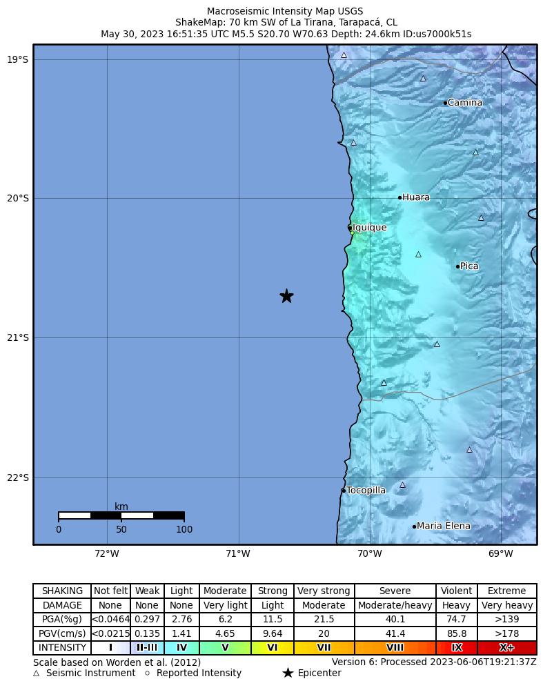 USGS ShakeMap intensity contours for the M5.5 earthquake near 70 km SW of La Tirana, Chile