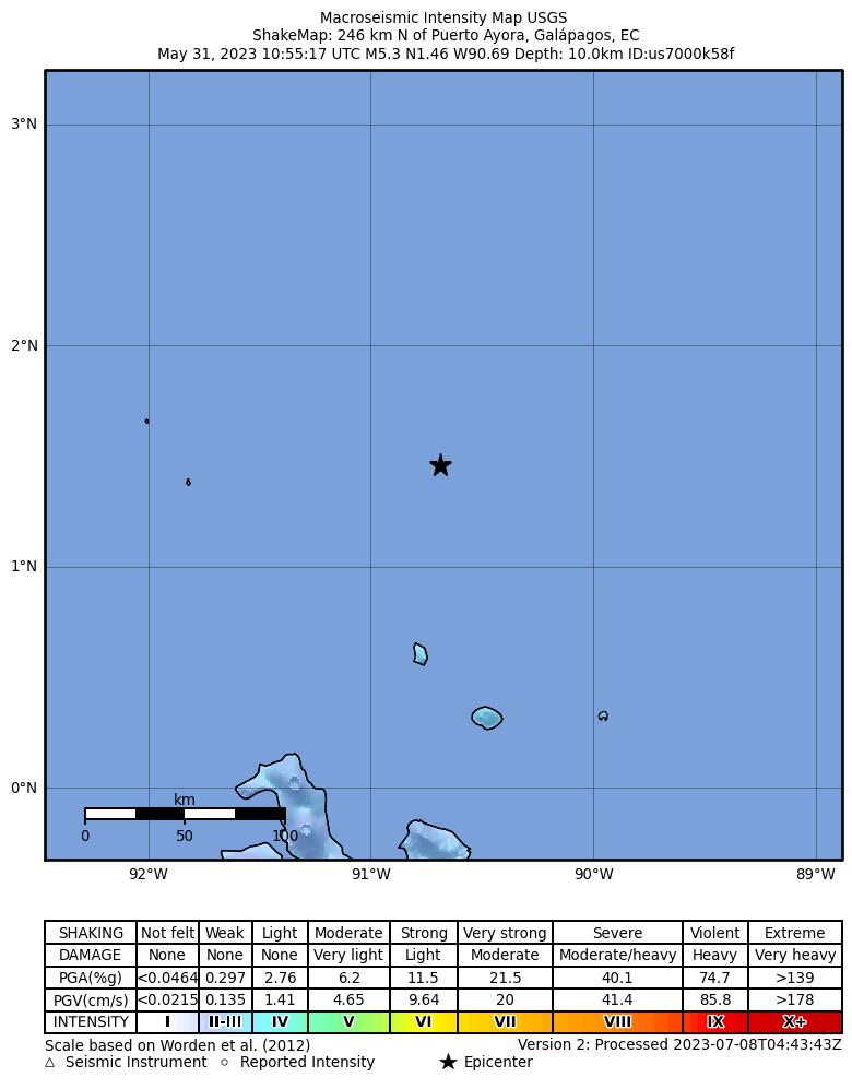 USGS ShakeMap intensity contours for the M5.3 earthquake near 246 km N of Puerto Ayora, Ecuador