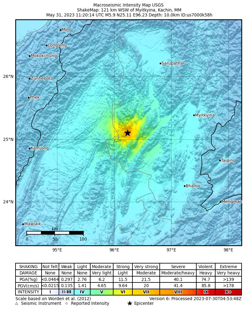 USGS ShakeMap intensity contours for the M5.9 earthquake near 121 km WSW of Myitkyina, Myanmar