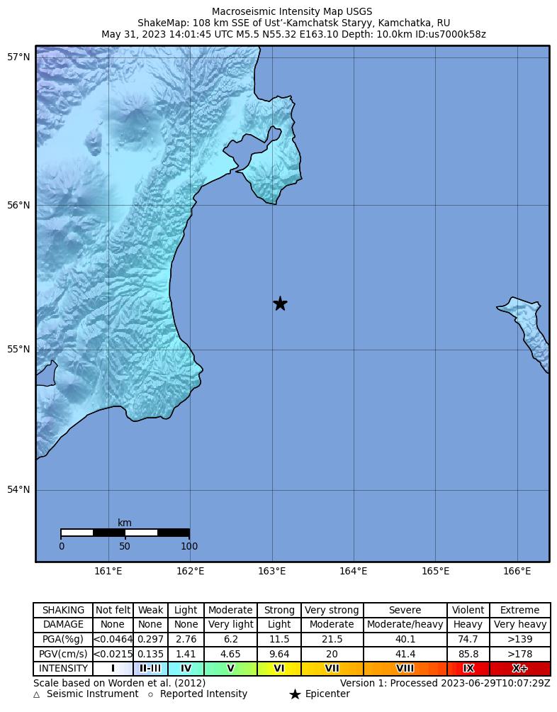USGS ShakeMap intensity contours for the M5.5 earthquake near 108 km SSE of Ust’-Kamchatsk Staryy, Russia