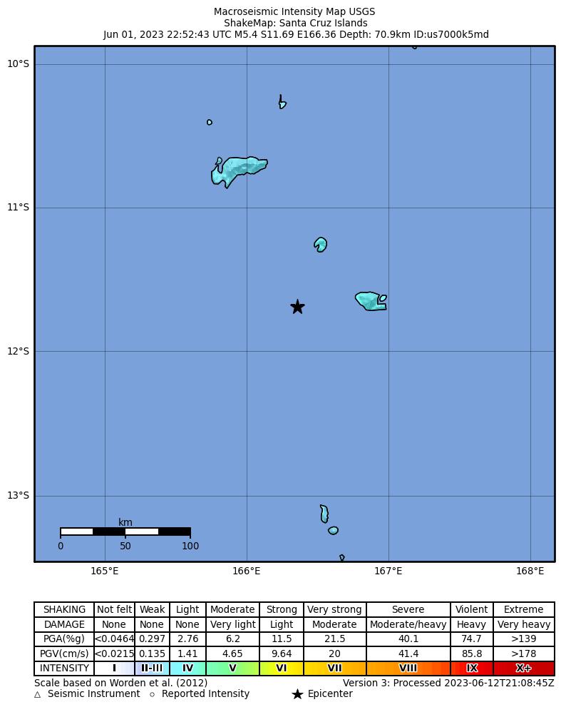 USGS ShakeMap intensity contours for the M5.4 earthquake near 123 km SSE of Lata, Solomon Islands