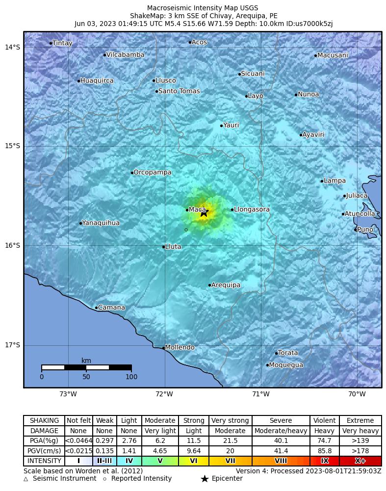 USGS ShakeMap intensity contours for the M5.4 earthquake near 3 km SSE of Chivay, Peru