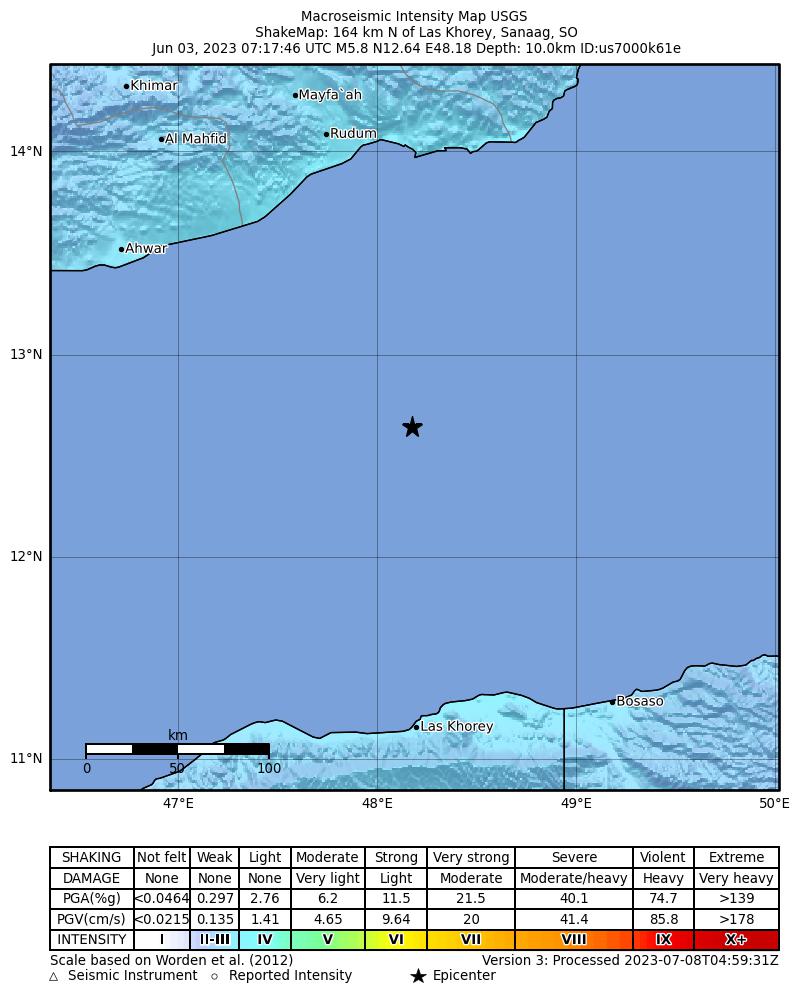 USGS ShakeMap intensity contours for the M5.8 earthquake near 164 km N of Las Khorey, Somalia