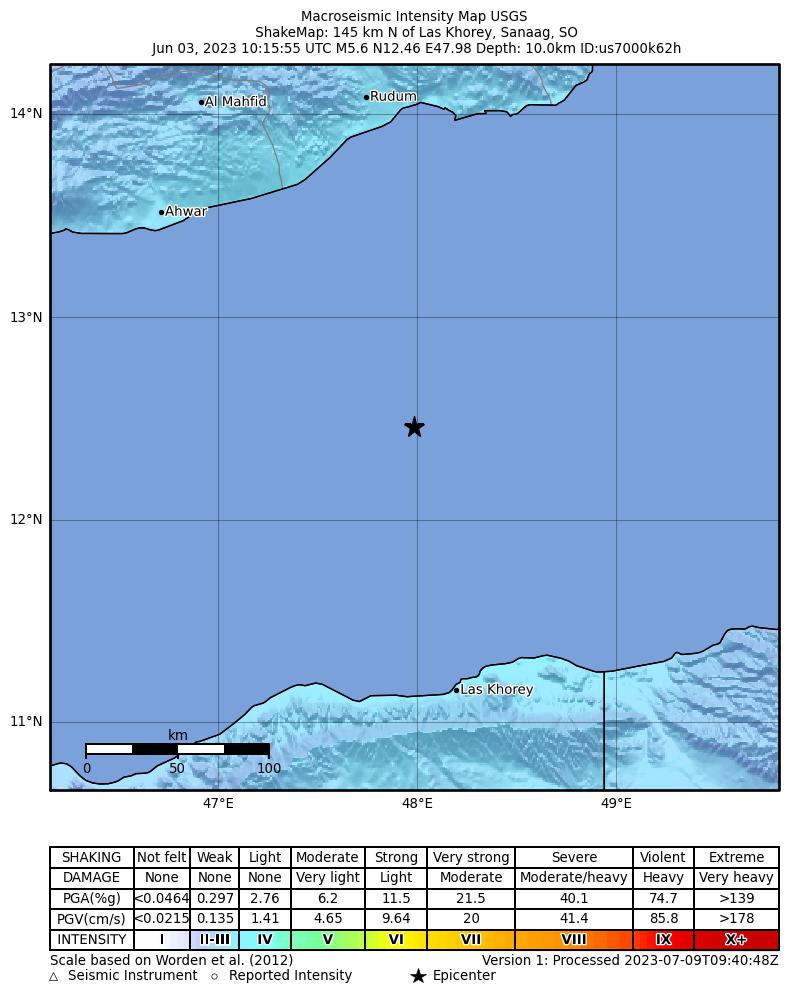 USGS ShakeMap intensity contours for the M5.6 earthquake near 145 km N of Las Khorey, Somalia