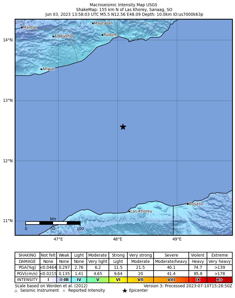 USGS ShakeMap intensity contours for the M5.5 earthquake near 155 km N of Las Khorey, Somalia