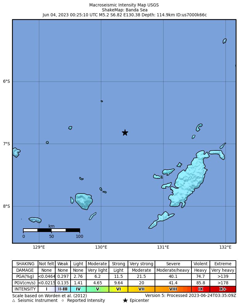 USGS ShakeMap intensity contours for the M5.2 earthquake near 293 km WSW of Tual, Indonesia