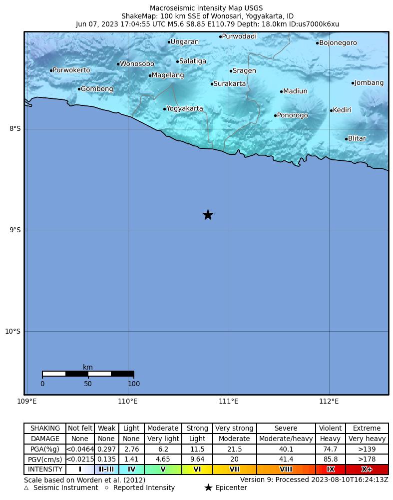 USGS ShakeMap intensity contours for the M5.6 earthquake near 146 km S of Wonosari, Indonesia
