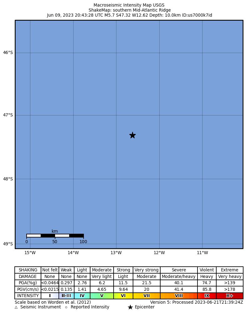 USGS ShakeMap intensity contours for the M5.7 earthquake near southern Mid-Atlantic Ridge