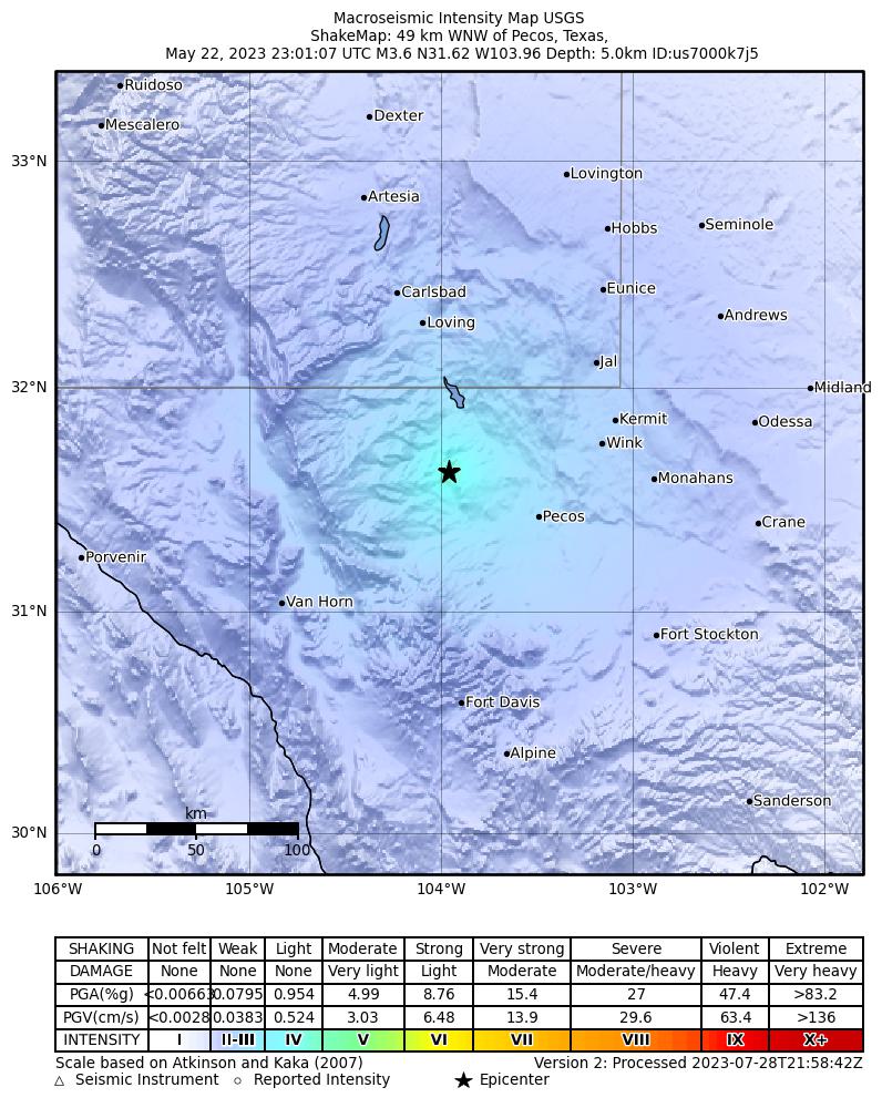 USGS ShakeMap: estimated shaking intensity around the epicenter