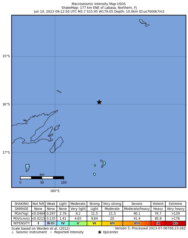 USGS ShakeMap intensity contours for the M5.7 earthquake near 177 km ENE of Labasa, Fiji