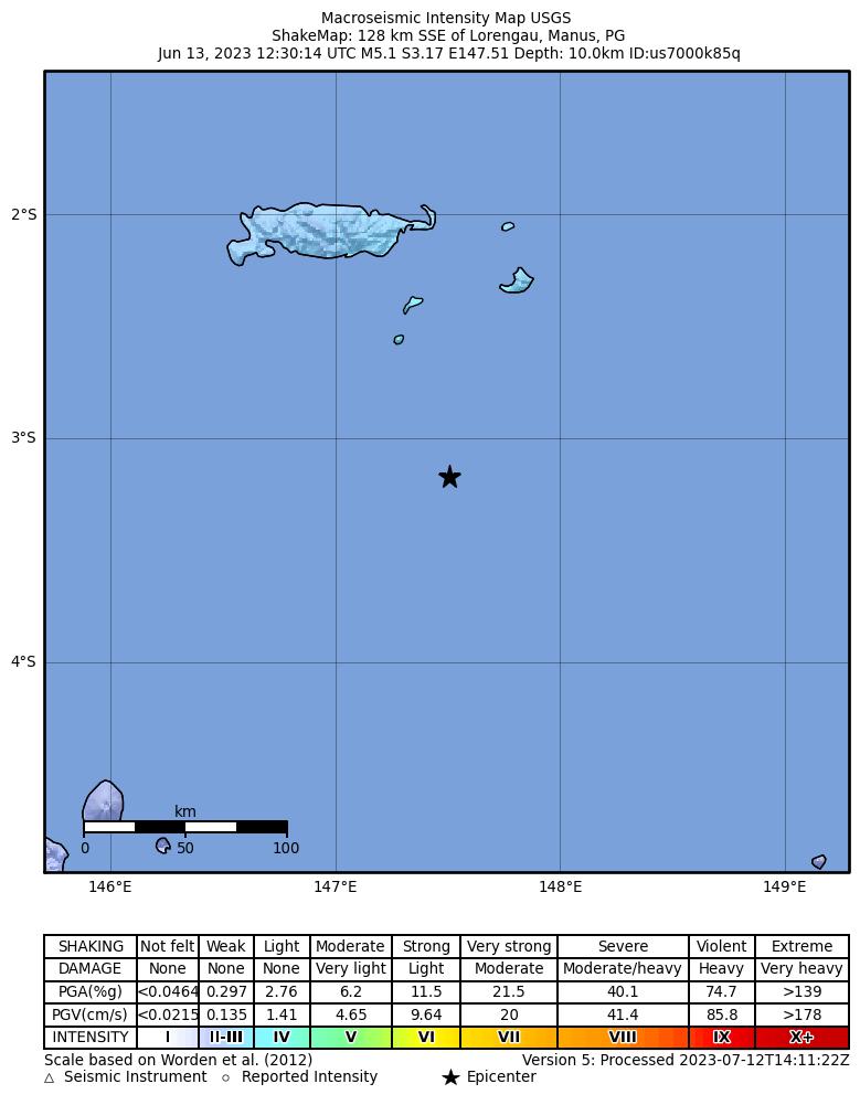 USGS ShakeMap intensity contours for the M5.1 earthquake near 128 km SSE of Lorengau, Papua New Guinea