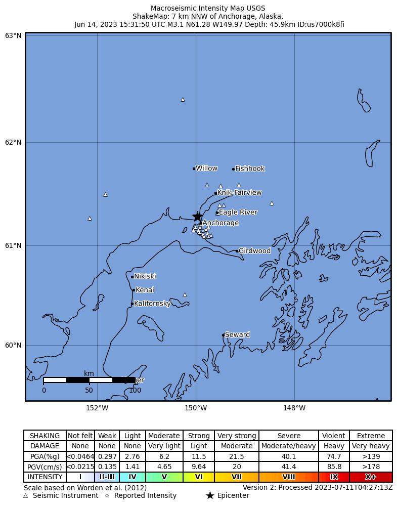 USGS ShakeMap intensity contours for the M2.8 earthquake near 6 km NW of Anchorage, Alaska