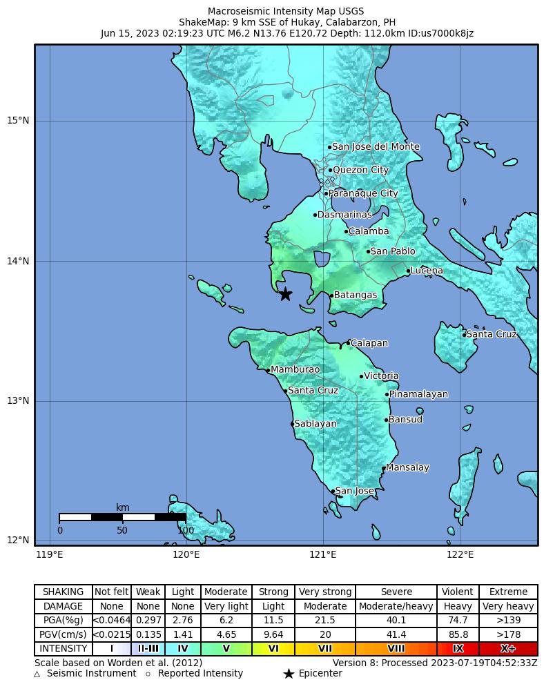 USGS ShakeMap intensity contours for the M6.2 earthquake near Mindoro, Philippines