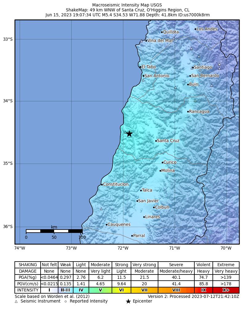 USGS ShakeMap intensity contours for the M5.4 earthquake near 49 km WNW of Santa Cruz, Chile
