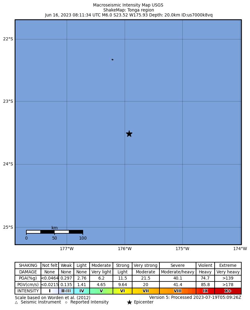 USGS ShakeMap intensity contours for the M6.0 earthquake near 261 km SSW of ‘Ohonua, Tonga