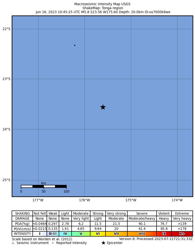 USGS ShakeMap intensity contours for the M5.8 earthquake near 254 km SSW of ‘Ohonua, Tonga