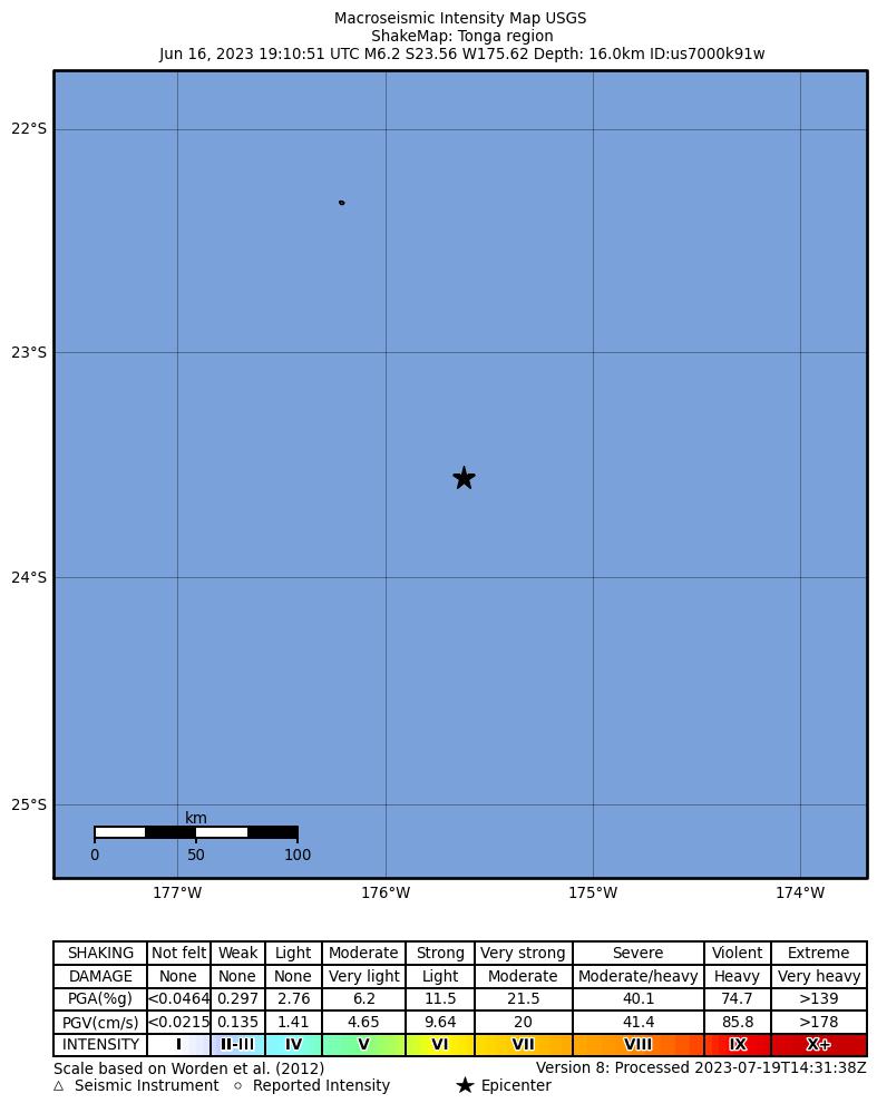 USGS ShakeMap intensity contours for the M6.2 earthquake near 254 km SSW of ‘Ohonua, Tonga