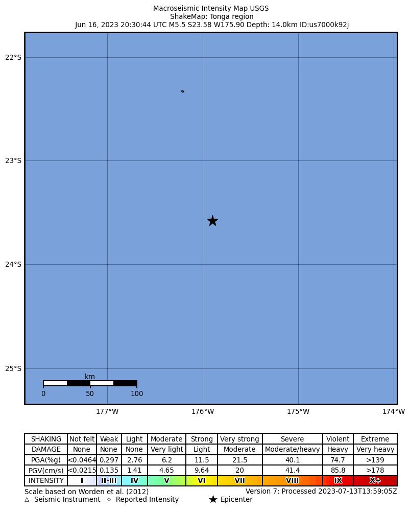 USGS ShakeMap intensity contours for the M5.5 earthquake near 266 km SSW of ?Ohonua, Tonga