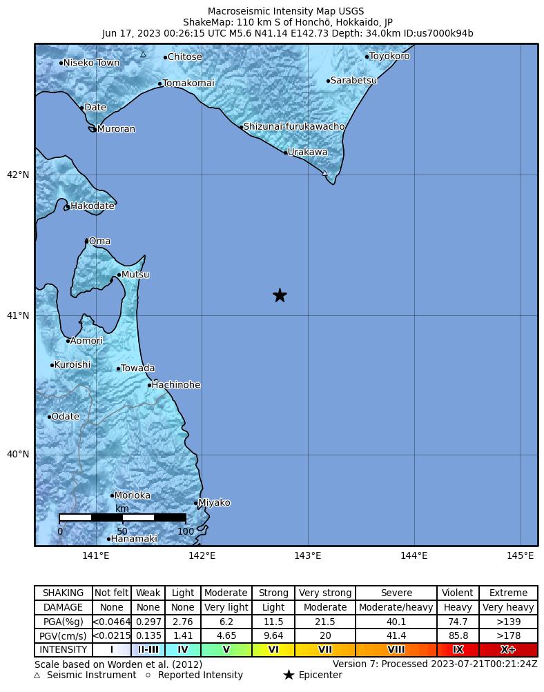 USGS ShakeMap intensity contours for the M5.6 earthquake near 110 km S of Honchō, Japan