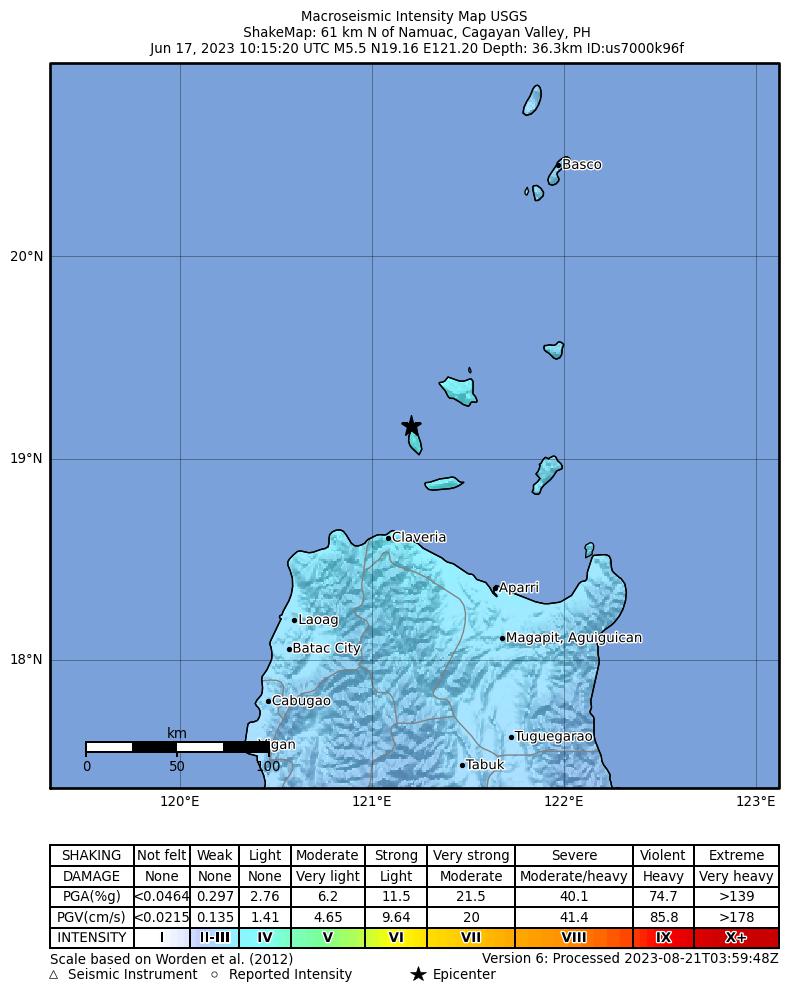 USGS ShakeMap intensity contours for the M5.5 earthquake near 61 km N of Namuac, Philippines