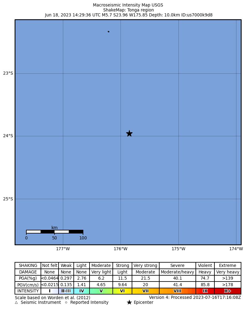USGS ShakeMap intensity contours for the M5.7 earthquake near Tonga region