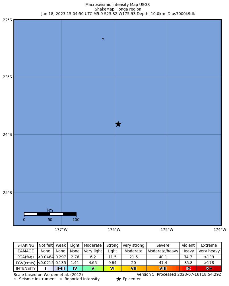USGS ShakeMap intensity contours for the M5.9 earthquake near 291 km SSW of ‘Ohonua, Tonga