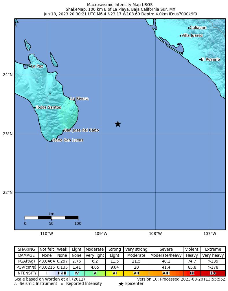 USGS ShakeMap intensity contours for the M6.4 earthquake near Gulf of California