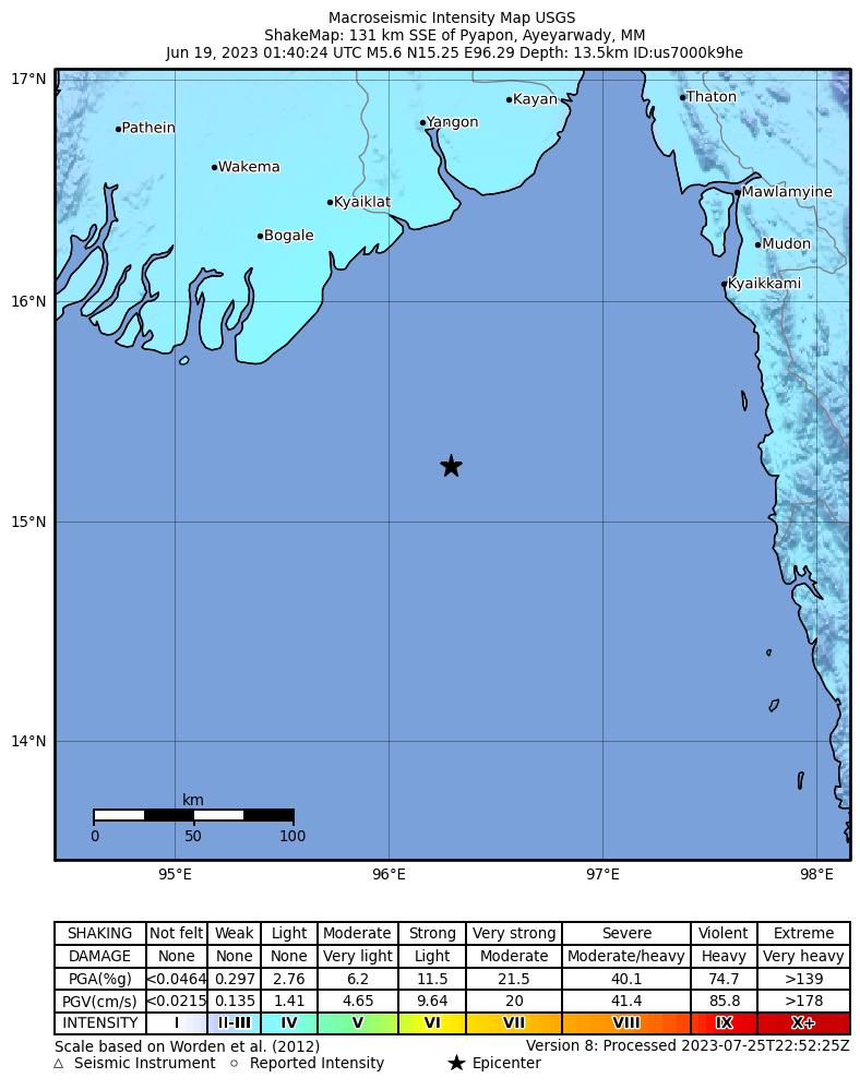 USGS ShakeMap intensity contours for the M5.6 earthquake near 131 km SSE of Pyapon, Myanmar