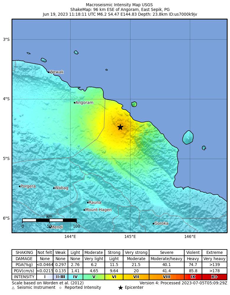 USGS ShakeMap intensity contours for the M6.2 earthquake near 96 km ESE of Angoram, Papua New Guinea