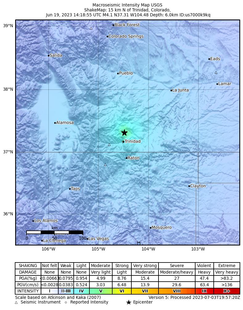 USGS ShakeMap: estimated shaking intensity around the epicenter