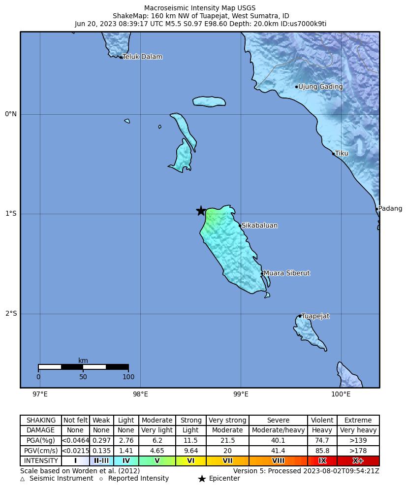 USGS ShakeMap intensity contours for the M5.5 earthquake near 160 km NW of Tuapejat, Indonesia