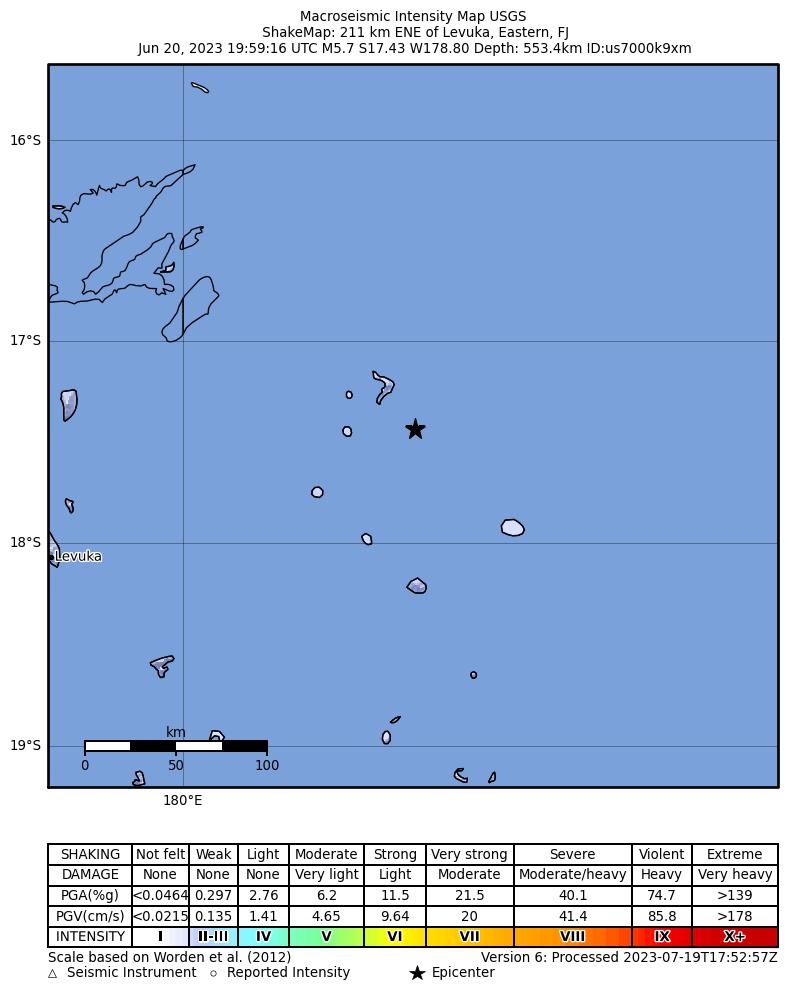 USGS ShakeMap intensity contours for the M5.7 earthquake near 211 km ENE of Levuka, Fiji
