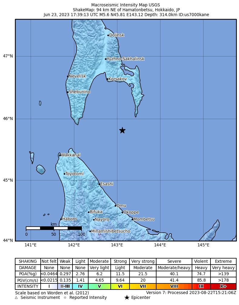 USGS ShakeMap intensity contours for the M5.6 earthquake near 94 km NE of Hamatonbetsu, Japan