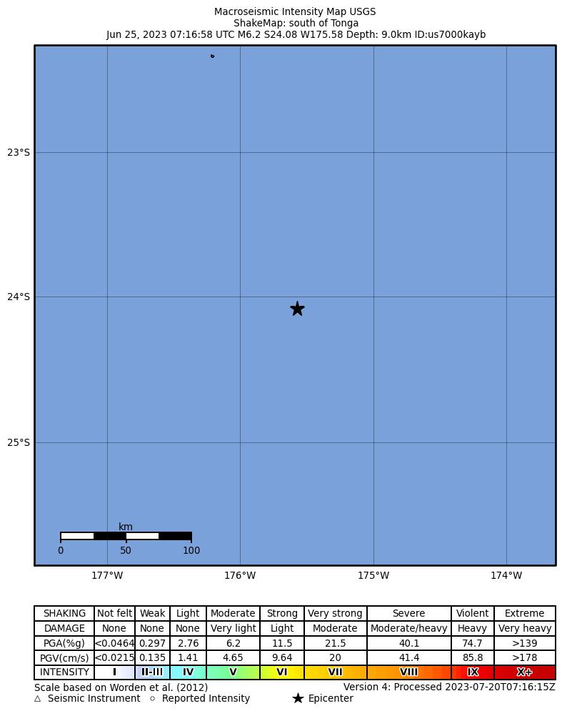 USGS ShakeMap intensity contours for the M6.2 earthquake near south of Tonga
