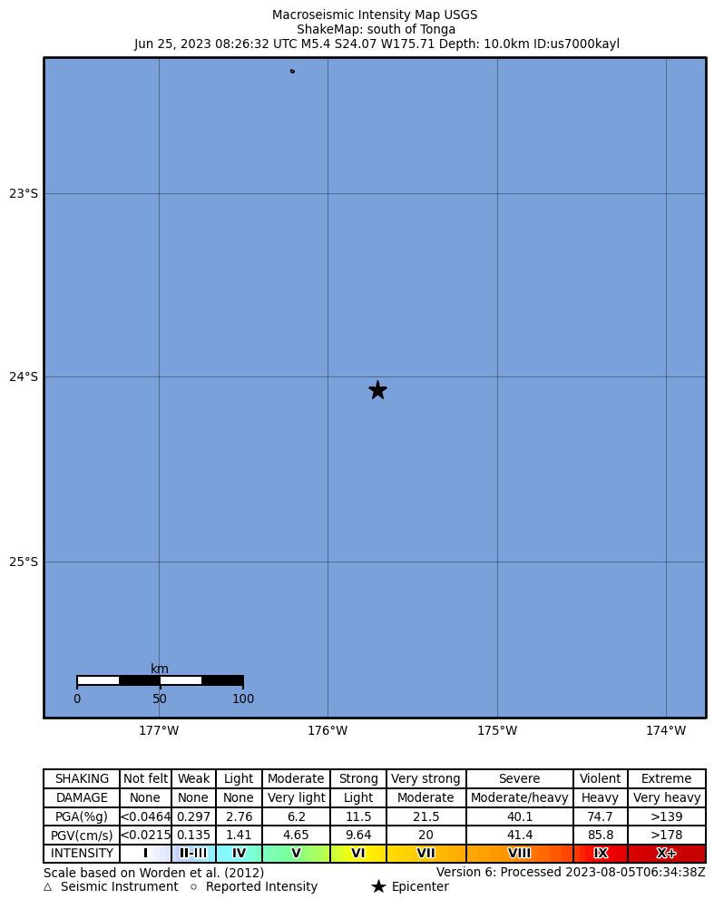 USGS ShakeMap intensity contours for the M5.4 earthquake near south of Tonga