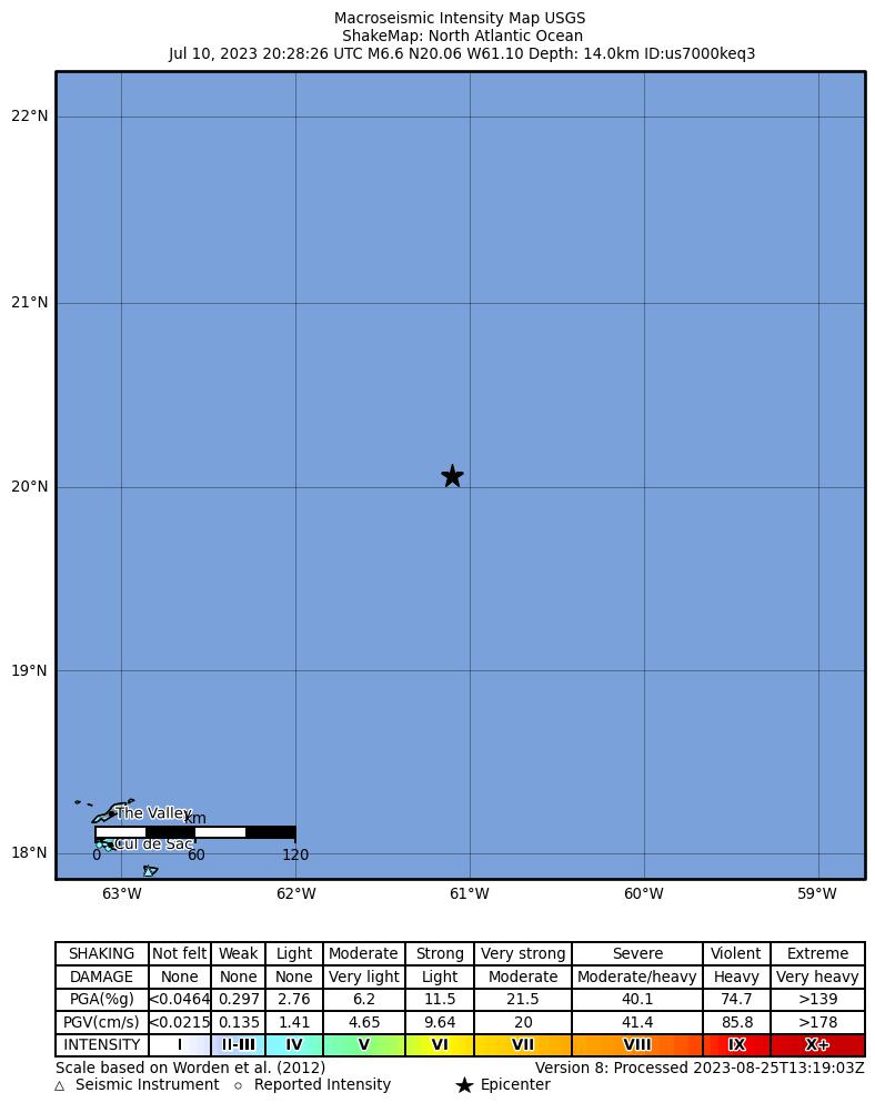 USGS ShakeMap intensity contours for the M6.6 earthquake near 278 km NNE of Codrington, Antigua and Barbuda