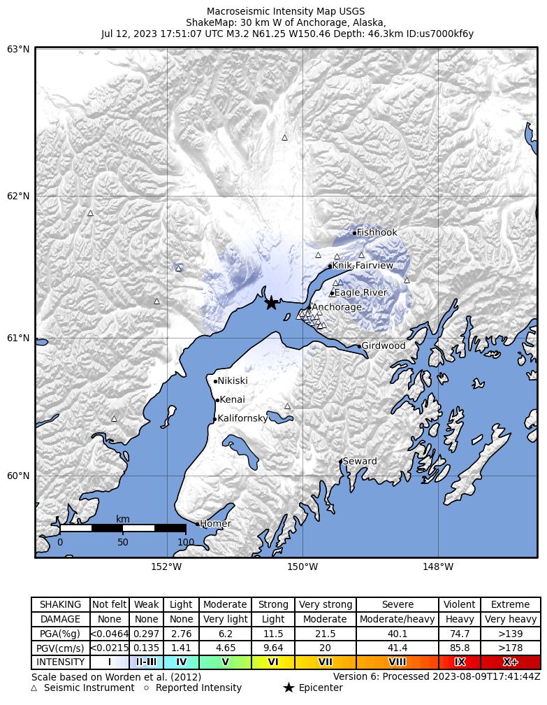 USGS ShakeMap intensity contours for the M3.0 earthquake near Southern Alaska