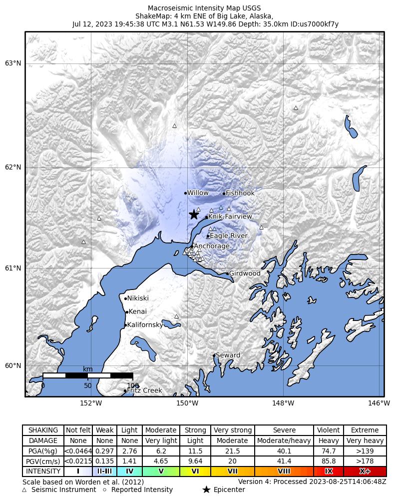 USGS ShakeMap intensity contours for the M2.9 earthquake near 5 km E of Big Lake, Alaska