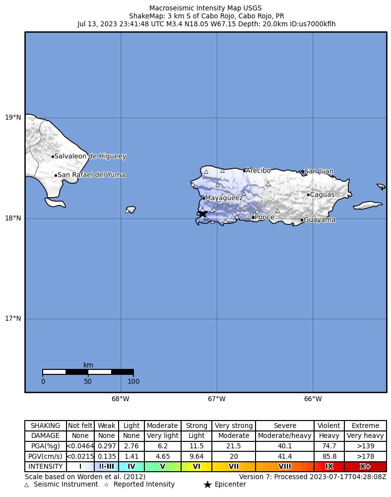 USGS ShakeMap intensity contours for the M3.5 earthquake near Mona Passage