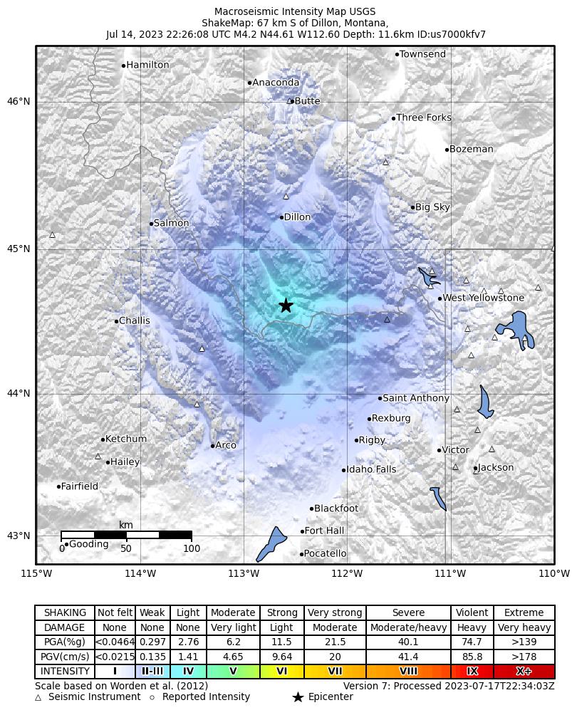 USGS ShakeMap intensity contours for the M4.2 earthquake near 3 km S of Lima, Montana