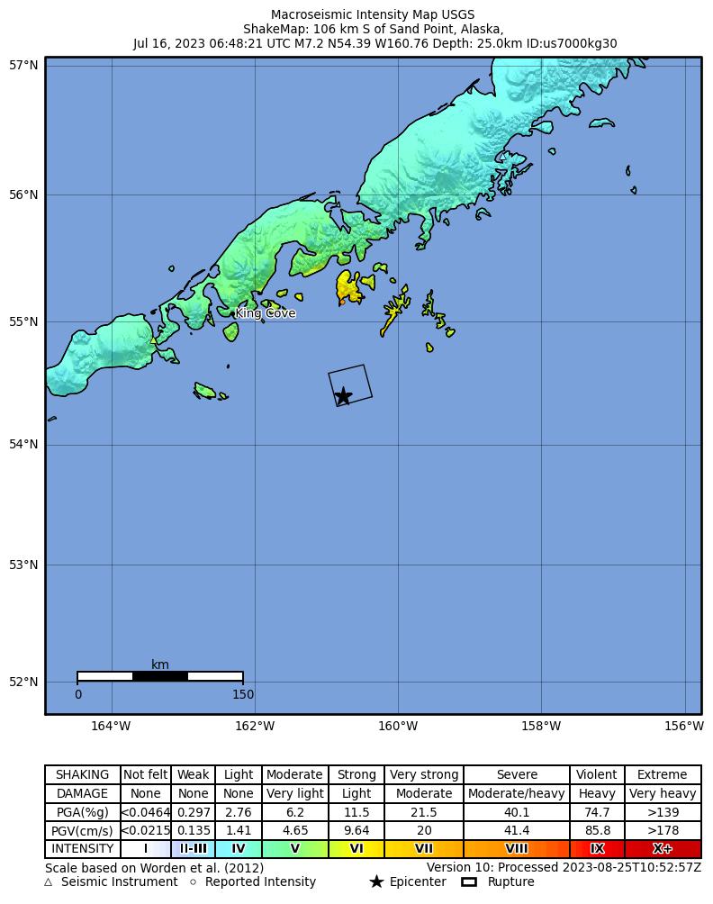 USGS ShakeMap intensity contours for the M7.2 earthquake near 2023 Sand Point, Alaska Earthquake