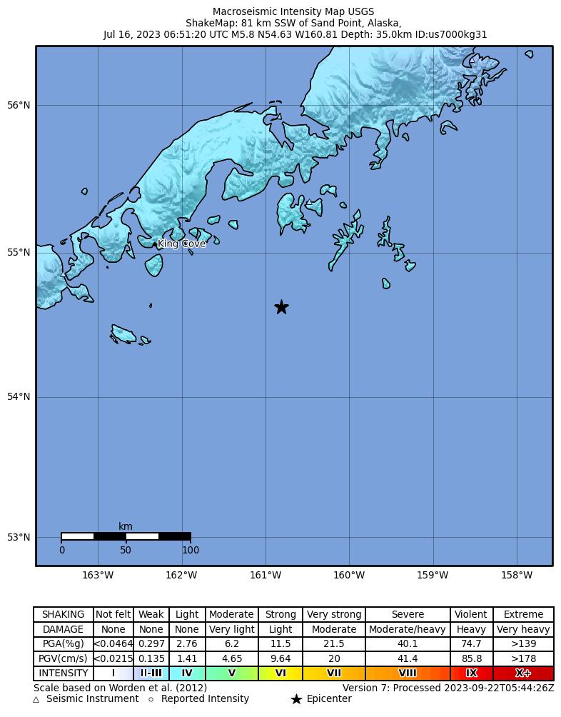 USGS ShakeMap intensity contours for the M5.8 earthquake near 81 km SSW of Sand Point, Alaska