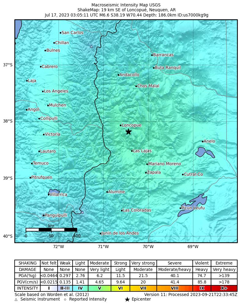 USGS ShakeMap intensity contours for the M6.6 earthquake near 19 km SE of Loncopué, Argentina
