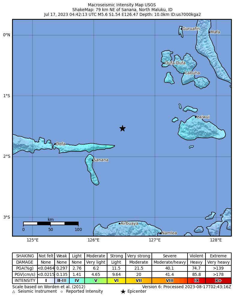 USGS ShakeMap intensity contours for the M5.6 earthquake near 79 km NE of Sanana, Indonesia
