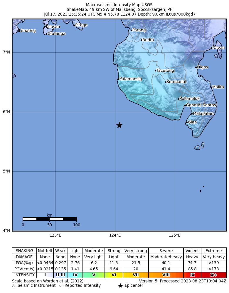 USGS ShakeMap intensity contours for the M5.4 earthquake near 49 km SW of Malisbeng, Philippines