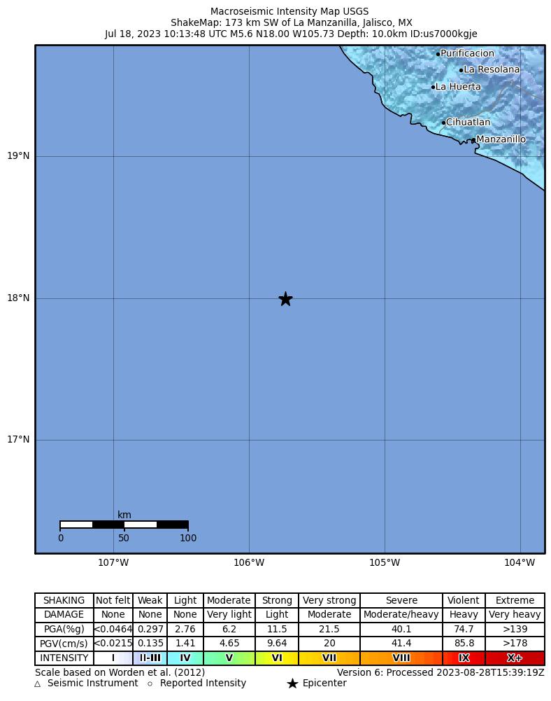 USGS ShakeMap intensity contours for the M5.6 earthquake near 173 km SW of La Manzanilla, Mexico