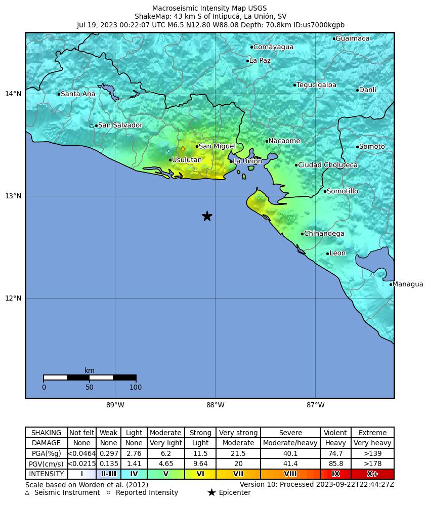 USGS ShakeMap intensity contours for the M6.5 earthquake near 43 km S of Intipucá, El Salvador