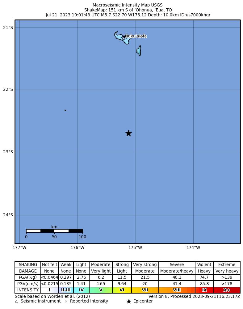 USGS ShakeMap intensity contours for the M5.7 earthquake near 151 km S of ‘Ohonua, Tonga