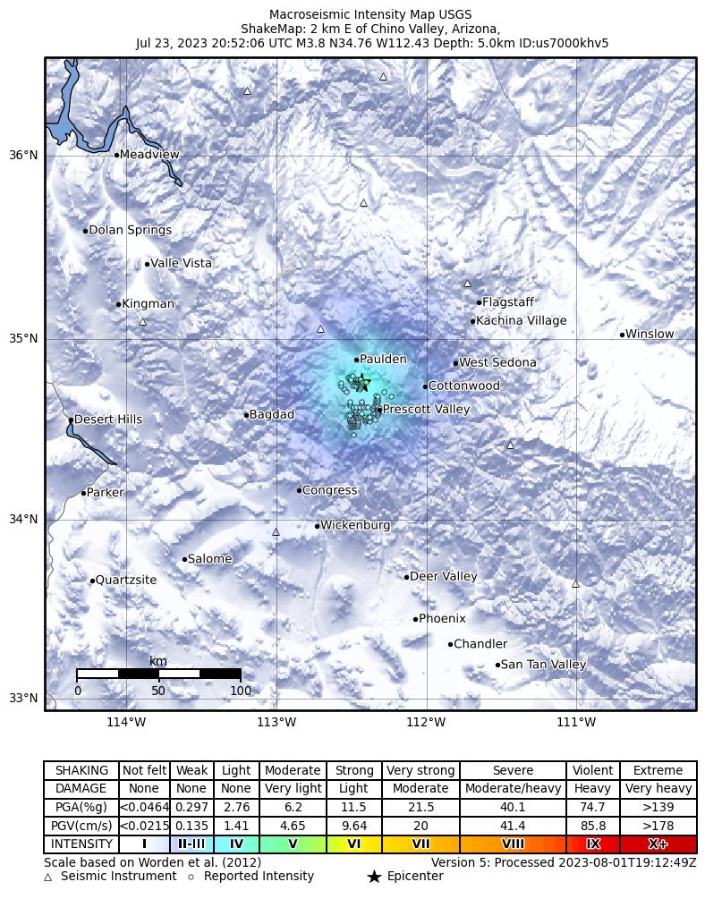 USGS ShakeMap intensity contours for the M3.8 earthquake near 2 km E of Chino Valley, Arizona
