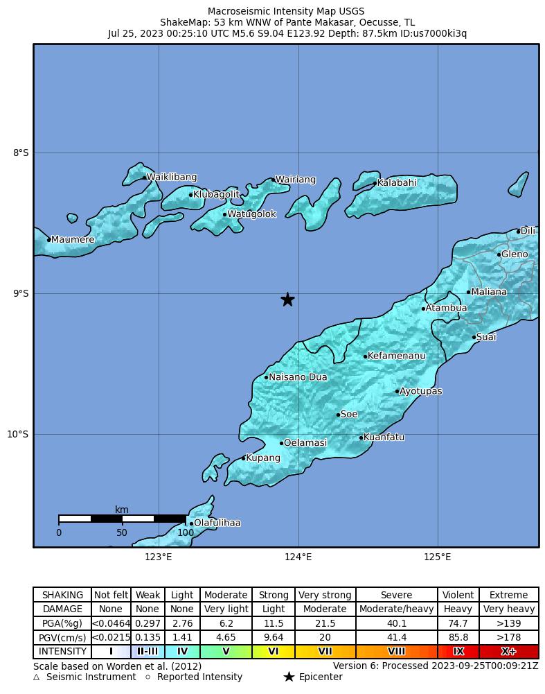 USGS ShakeMap intensity contours for the M5.6 earthquake near 53 km WNW of Pante Makasar, Timor Leste